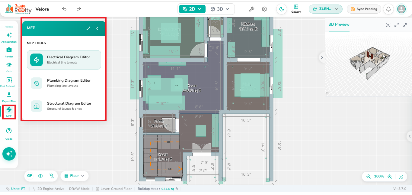 MEP Tools panel displaying Electrical Diagram Editor, Plumbing Diagram Editor, and Structural Diagram Editor options for creating and managing building service layouts within the floor plan workspace.