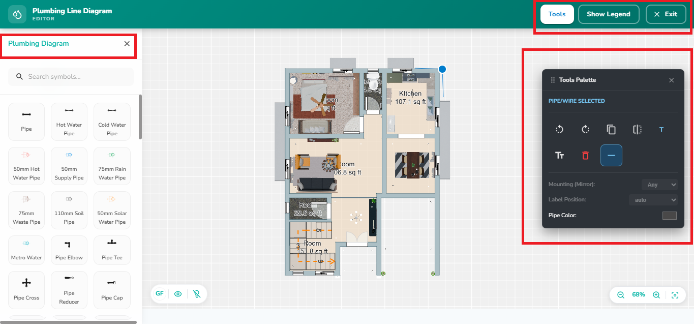 Plumbing Line Diagram Editor displaying a plumbing symbol library, floor plan workspace with pipe connections, top toolbar containing Tools, Show Legend, and Exit options, and a tools palette for modifying pipe properties and layout settings.