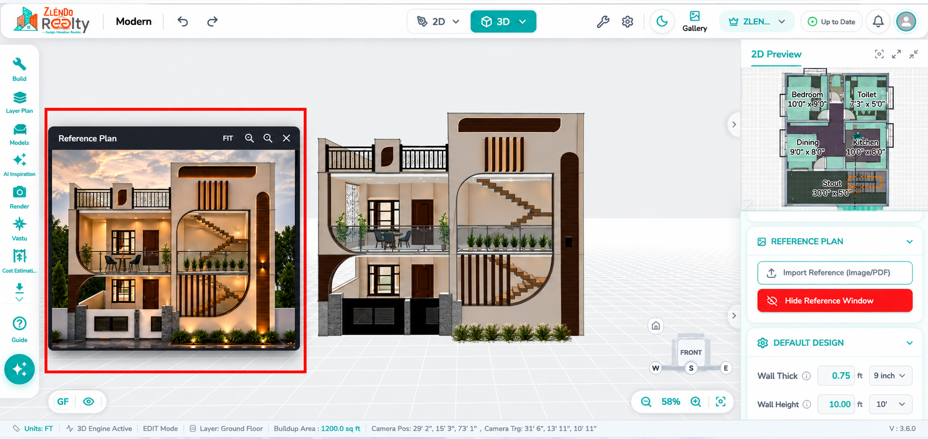 Reference Image Viewer displaying an imported building elevation image alongside the 3D model, with options to move, zoom, fit, show, or hide the reference window.