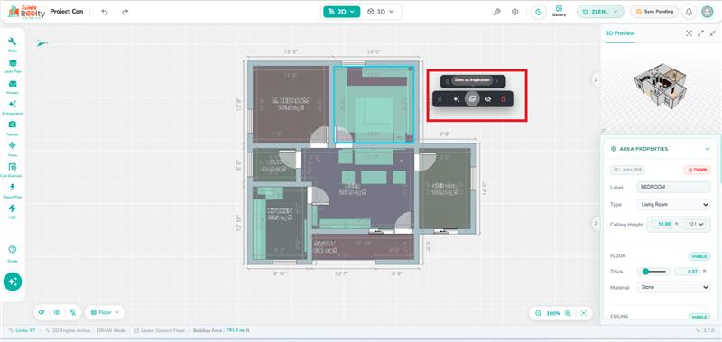 Selected room in the floor plan with the Save as Inspiration control highlighted in the floating Floor Editor toolbar.