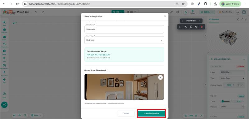 Save as Inspiration dialog with a selected room thumbnail preview and the Save Inspiration button highlighted.