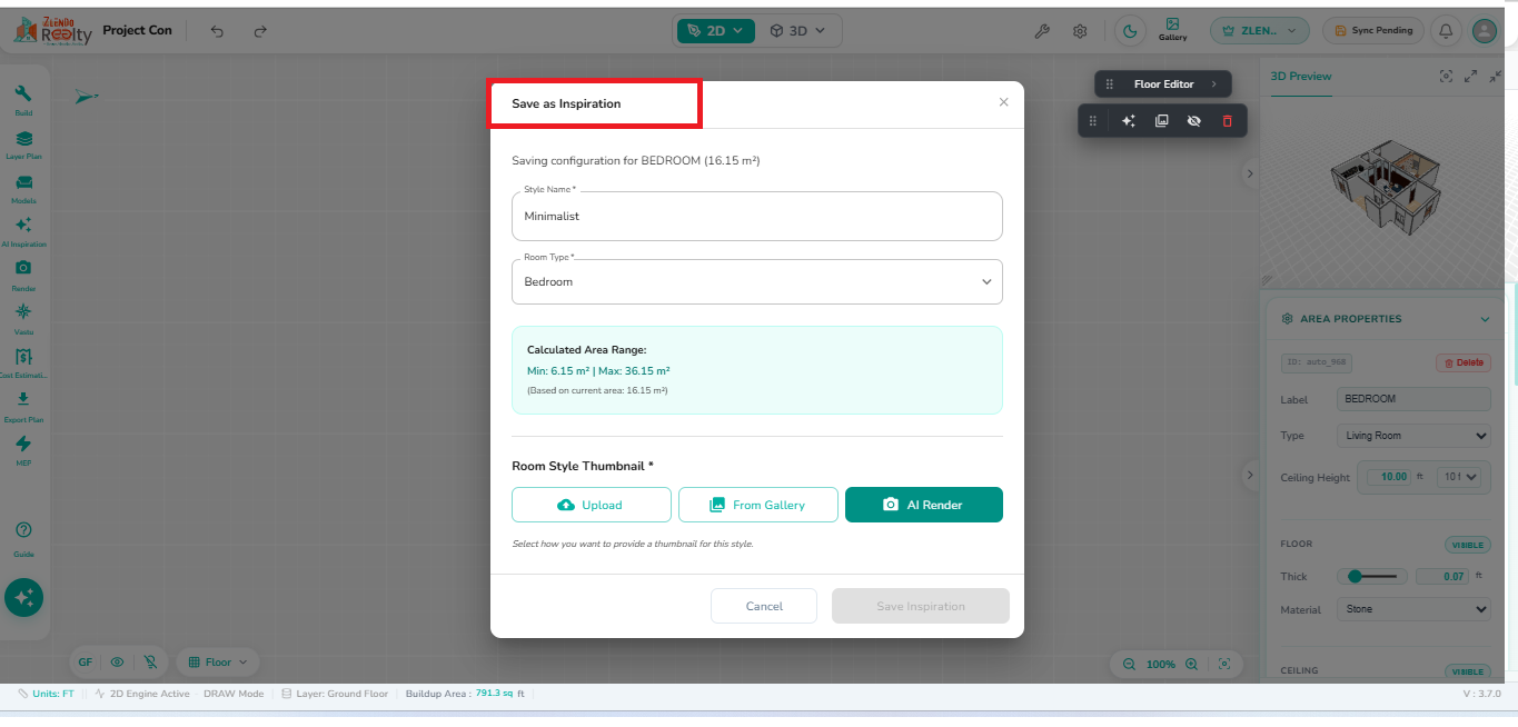 Save as Inspiration dialog showing Style Name, Room Type, calculated area range, and Upload, From Gallery, and AI Render thumbnail options.