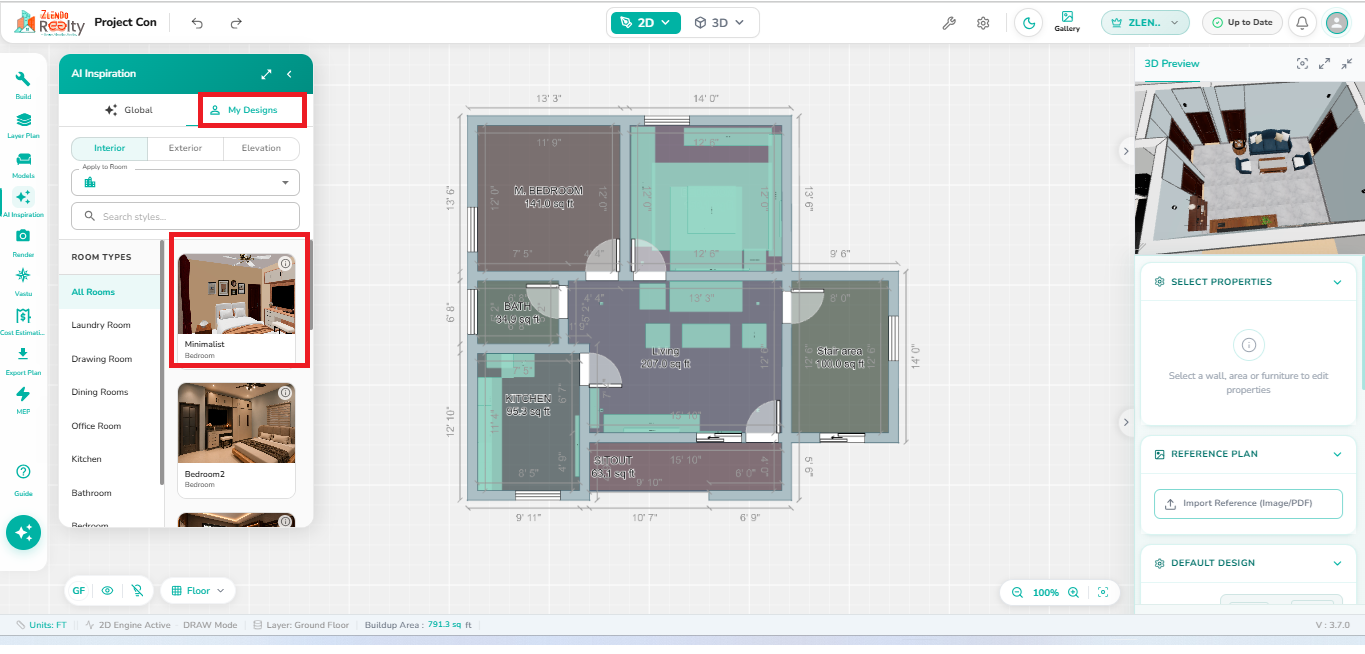 My Designs tab displaying saved Bedroom inspirations with thumbnail previews, style names, and room types.