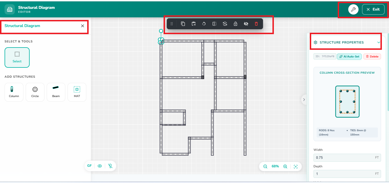 Structural Diagram Editor displaying structure creation tools, a structural layout workspace, editing toolbar, and Structure Properties panel with column cross-section preview and dimension settings.