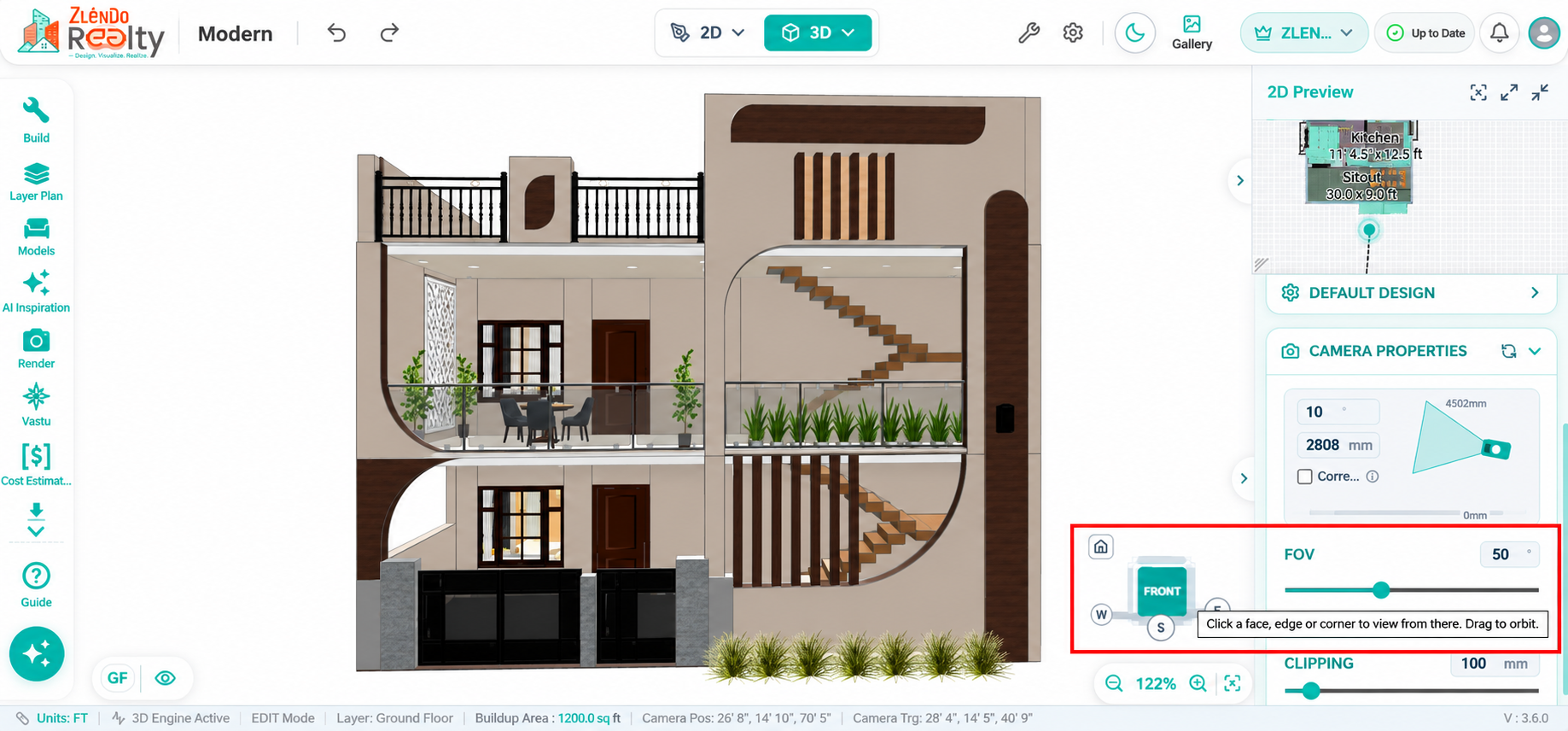 View Cube control in the 3D workspace showing the Front face, allowing users to click faces, edges, or corners for predefined views and drag to orbit around the model.